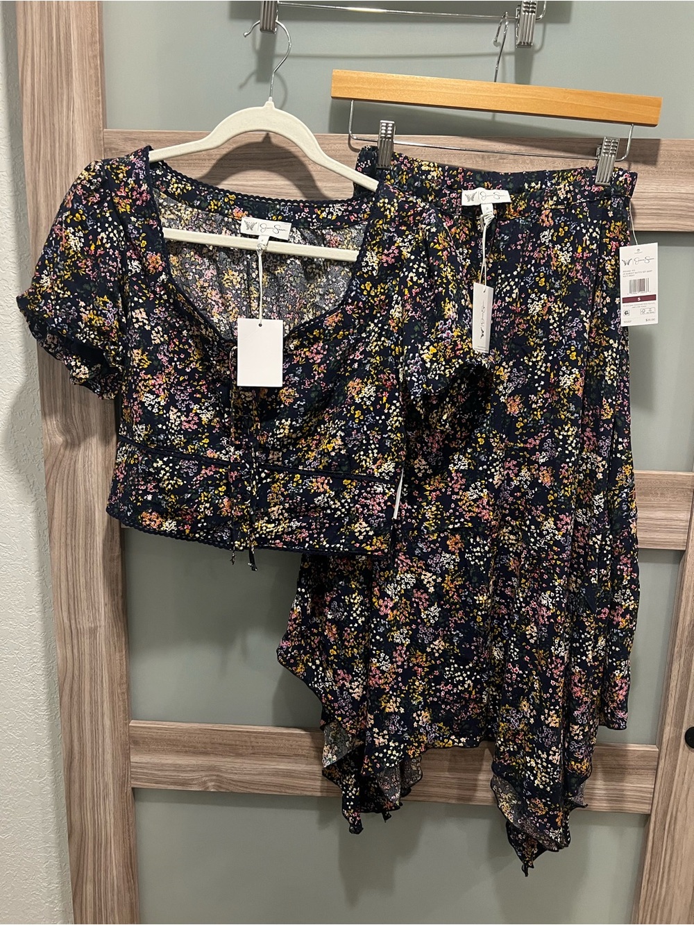 Jessica Simpson Navy Floral Crop Top and Skirt Set